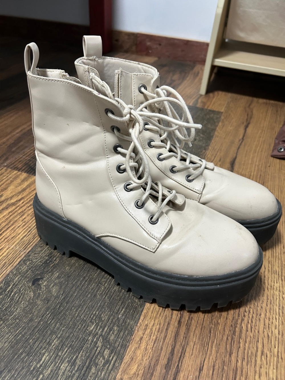 Forever 21 Cream Lace-Up Platform Combat Boots with Black Sole